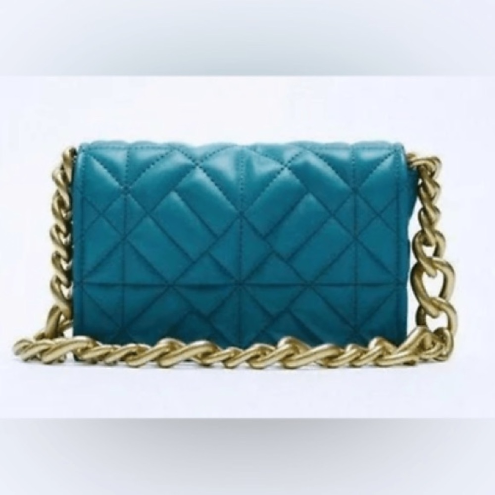 Quilted Chain Shoulder Bag - Teal and Gold